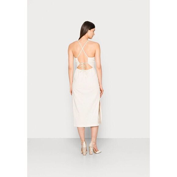 NWT Samsoe Samsoe Holly Dress tan cutout midi side slit size US Large $250 - Picture 2 of 11